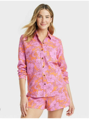 Universal Thread Linen Blend Matching Outfit Set Shirt High-Rise Shorts XS/S